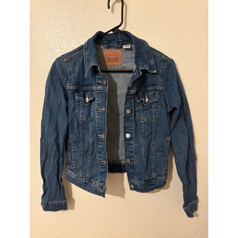 Levis Womens Medium Wash Blue Denim Trucker Jacket Size S Slim Cropped